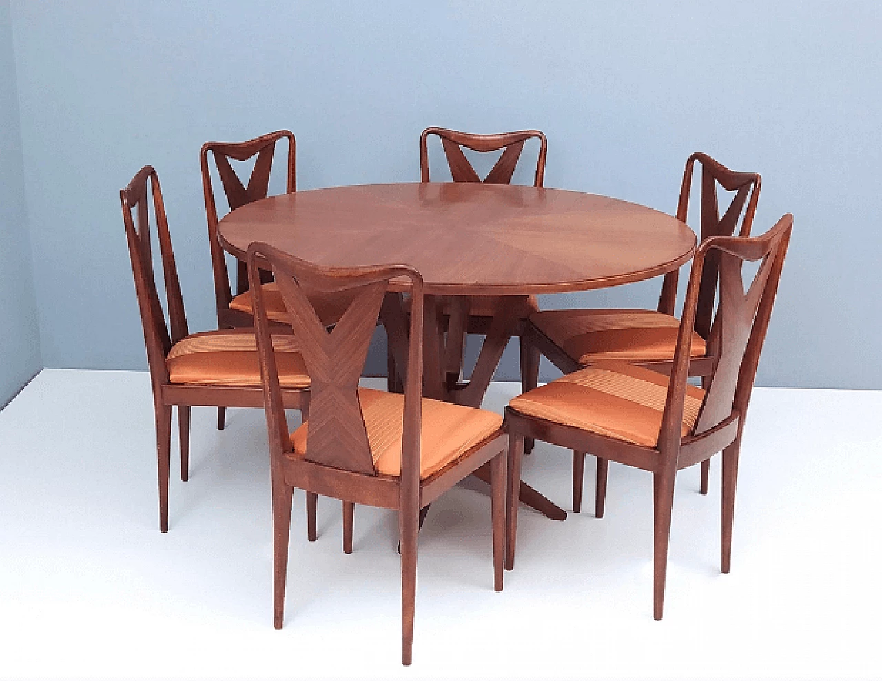 6 Chairs in walnut and orange satin in the style of Ico Parisi, 1950s 2