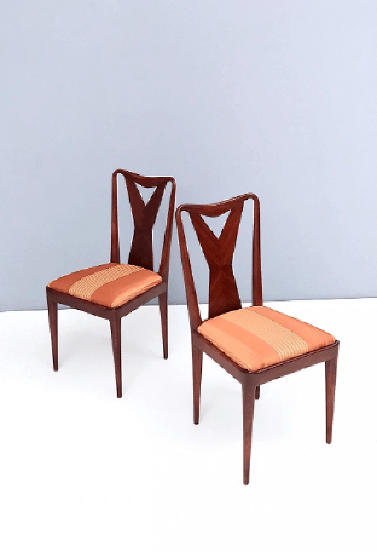 6 Chairs in walnut and orange satin in the style of Ico Parisi, 1950s 4