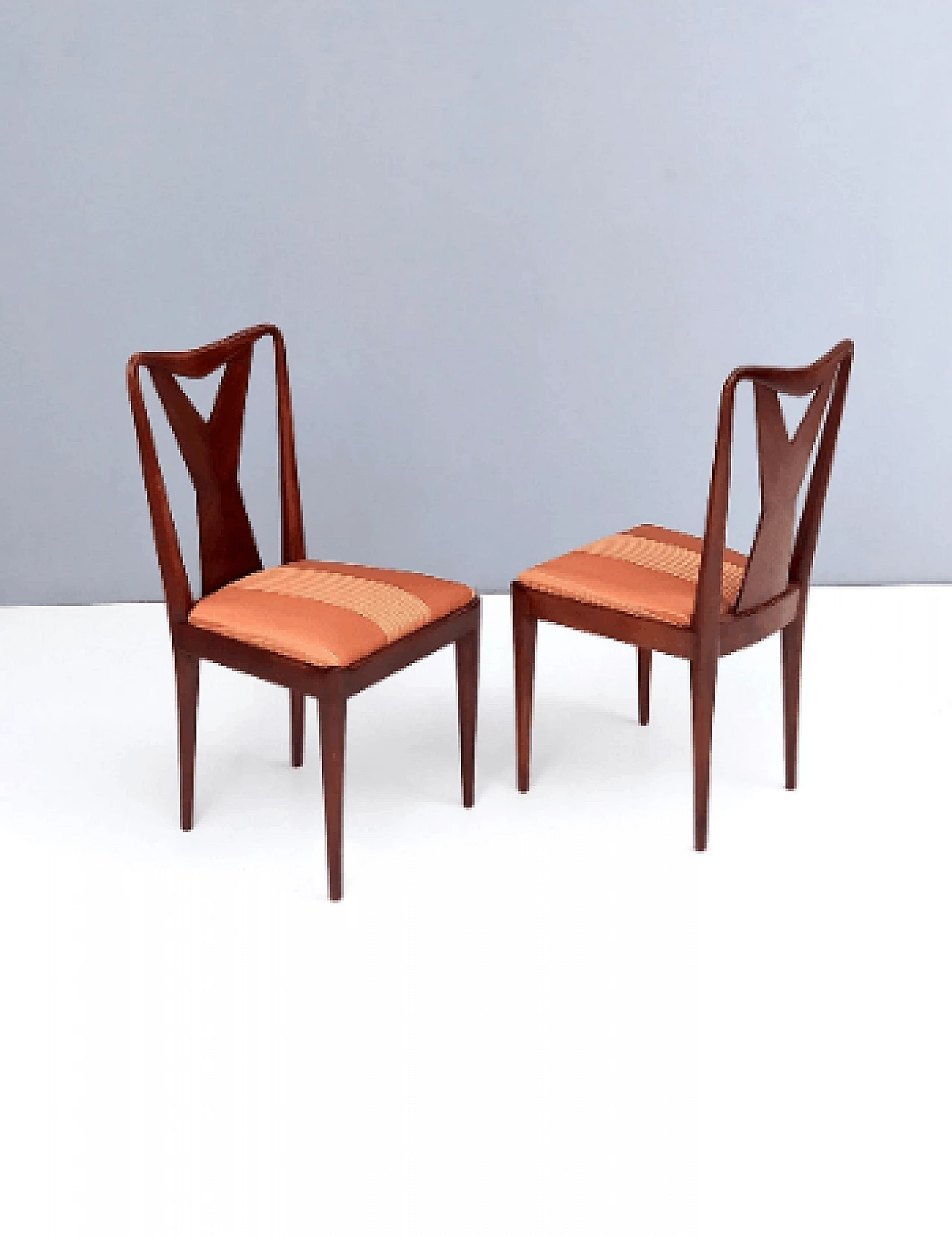 6 Chairs in walnut and orange satin in the style of Ico Parisi, 1950s 5