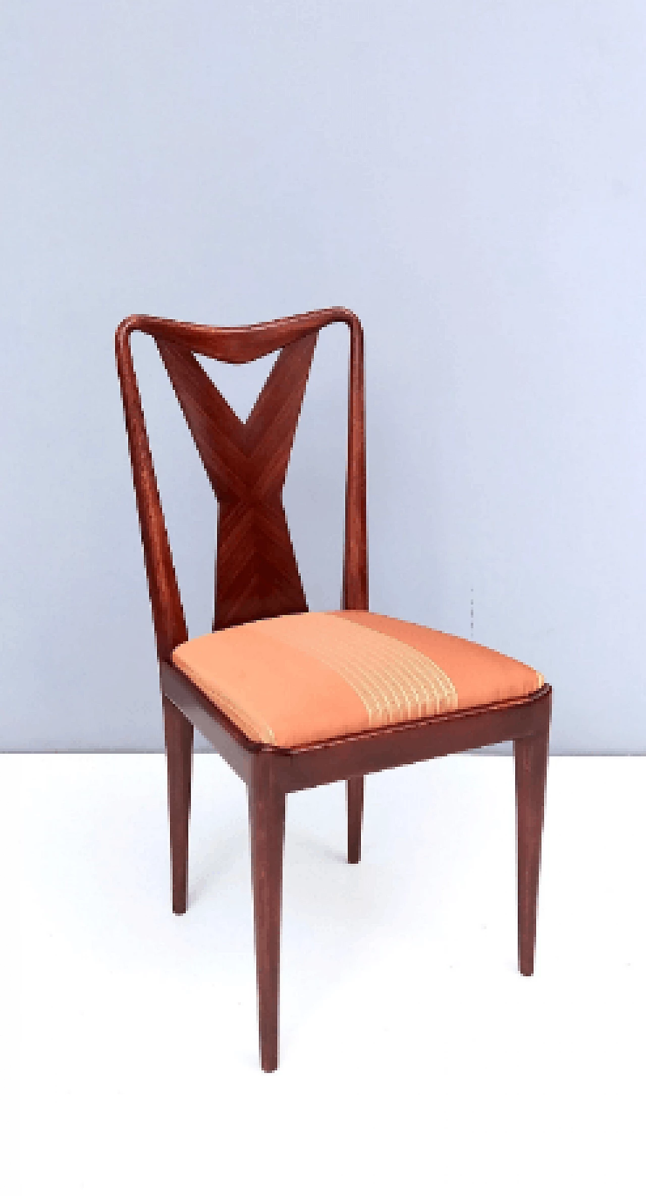6 Chairs in walnut and orange satin in the style of Ico Parisi, 1950s 6