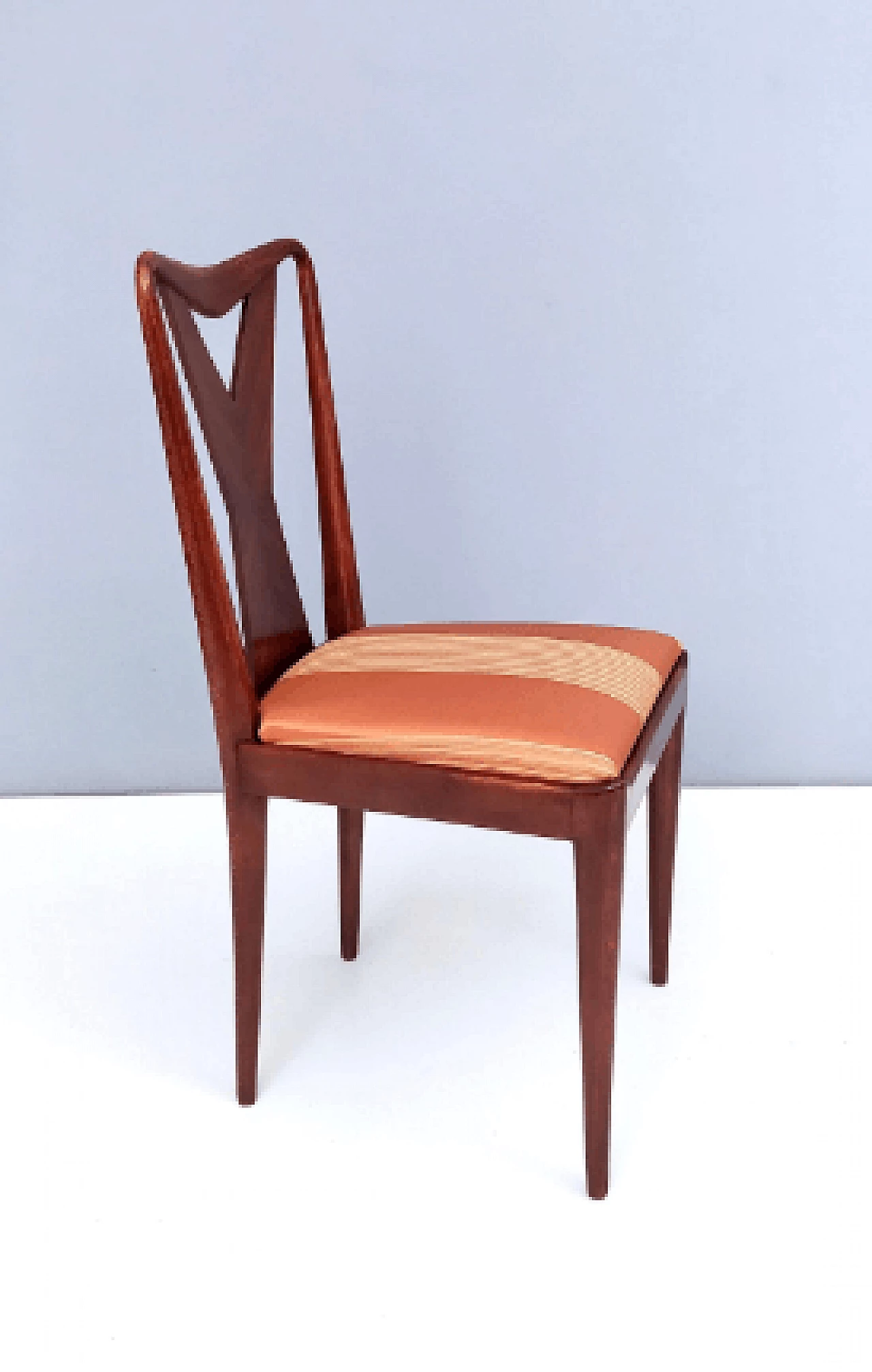 6 Chairs in walnut and orange satin in the style of Ico Parisi, 1950s 7