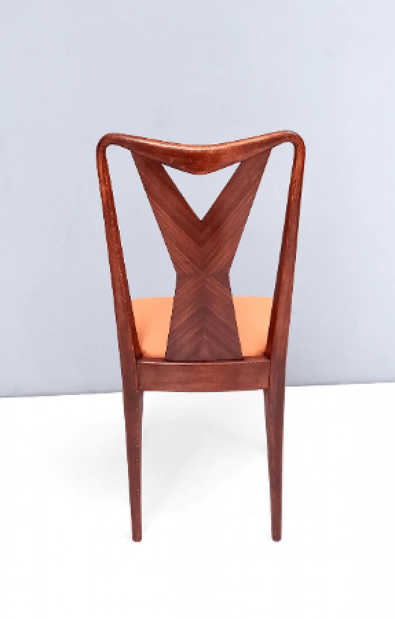6 Chairs in walnut and orange satin in the style of Ico Parisi, 1950s 8