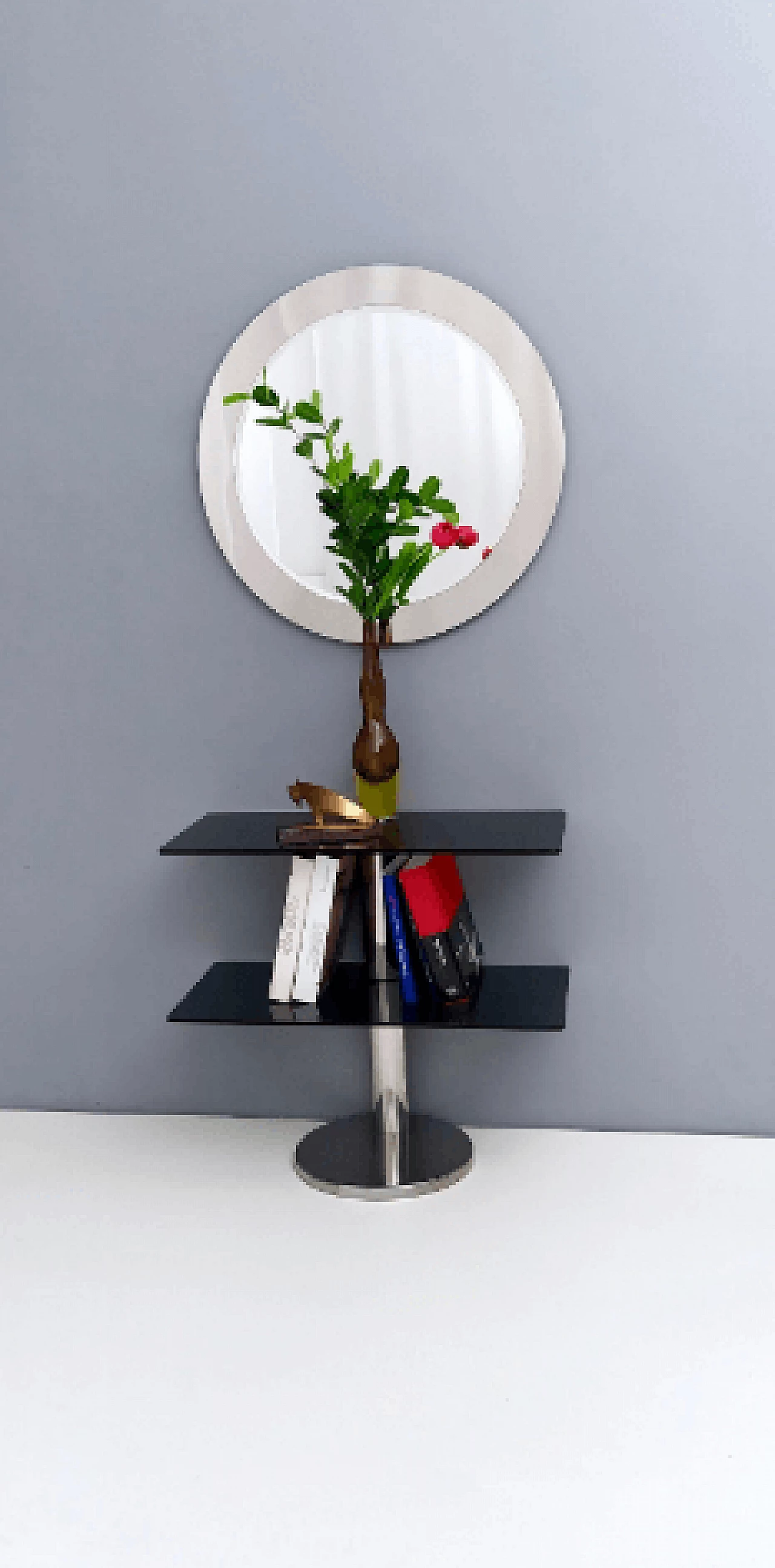 Specchio rotondo con cornice in acciaio lucidato a specchio, anni '70 5