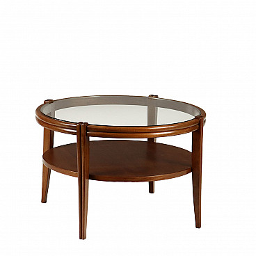 Coffee table in stained beech and walnut veneer with glass top, 1950s
