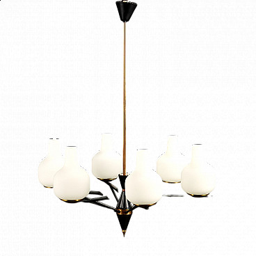 Enamelled metal and brass chandelier with opaline glass shades, 1960s