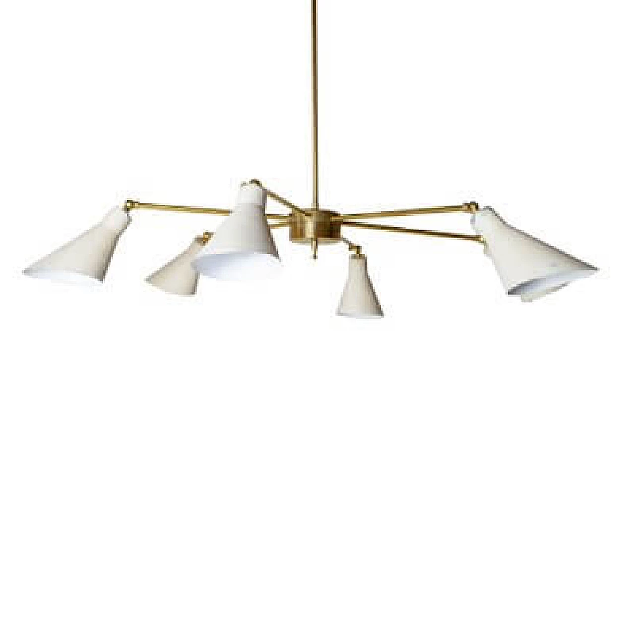 Light chandelier with aluminium shades and brass frame in the style of Stilnovo Models, 1950s 1