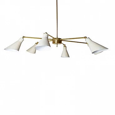 Light chandelier with aluminium shades and brass frame in the style of Stilnovo Models, 1950s
