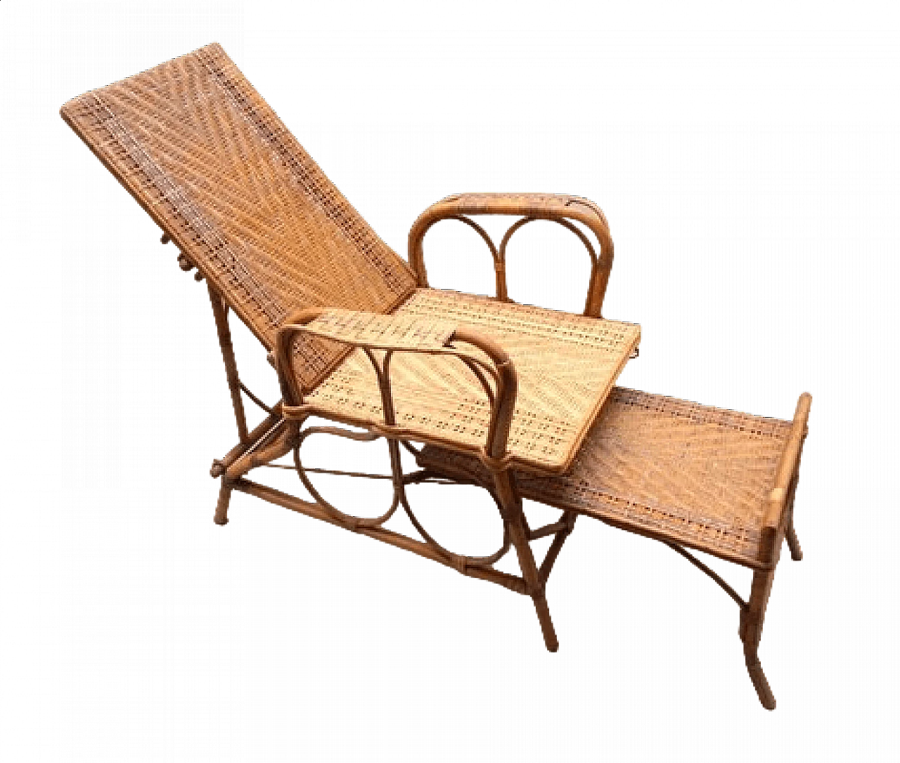 Rattan and malacca recliner armchair with footrest, 1920s 8