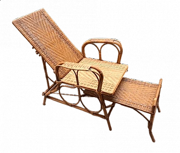 Rattan and malacca recliner armchair with footrest, 1920s
