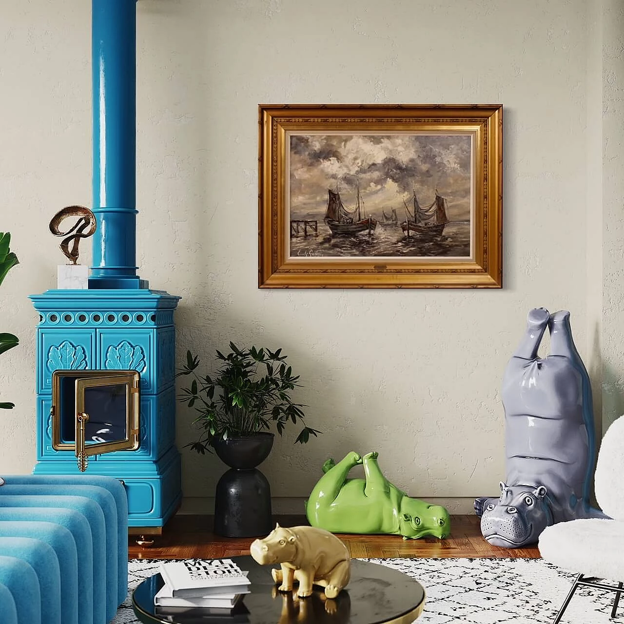 Emile Lammers, marine painting with boats, oil on canvas, 1960s 2