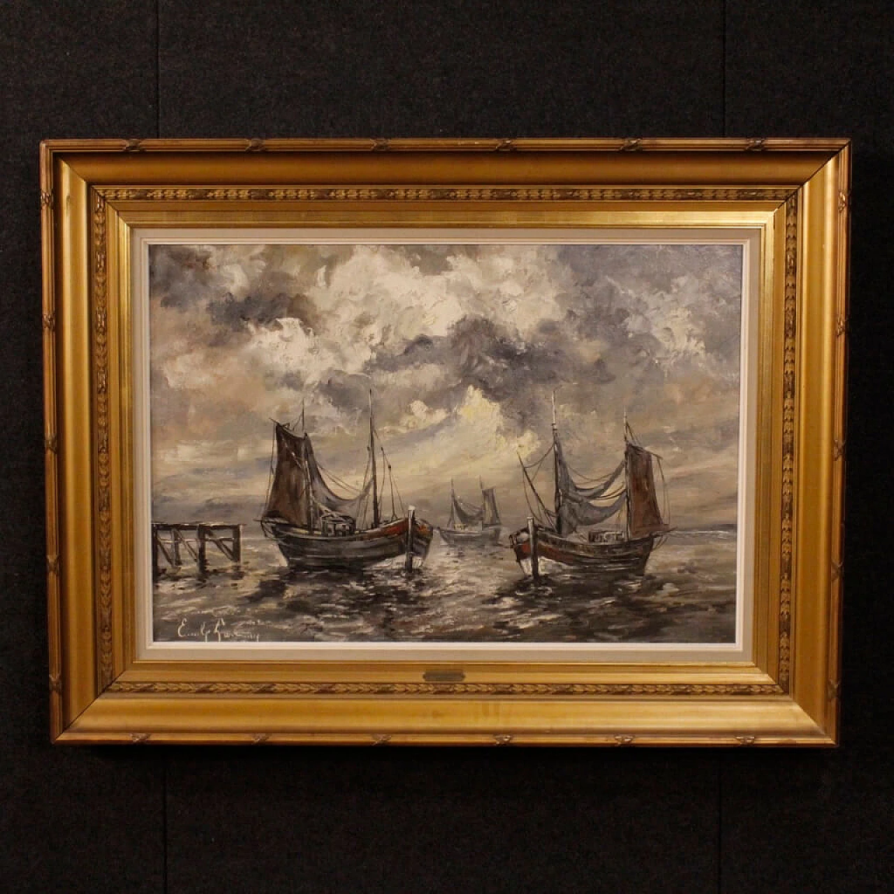 Emile Lammers, marine painting with boats, oil on canvas, 1960s 5