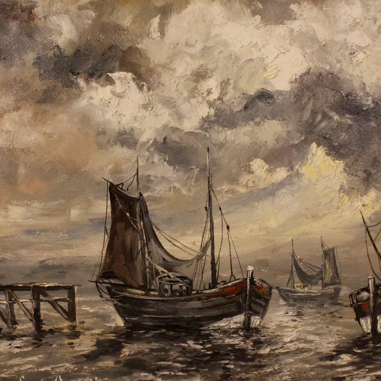 Emile Lammers, marine painting with boats, oil on canvas, 1960s 11