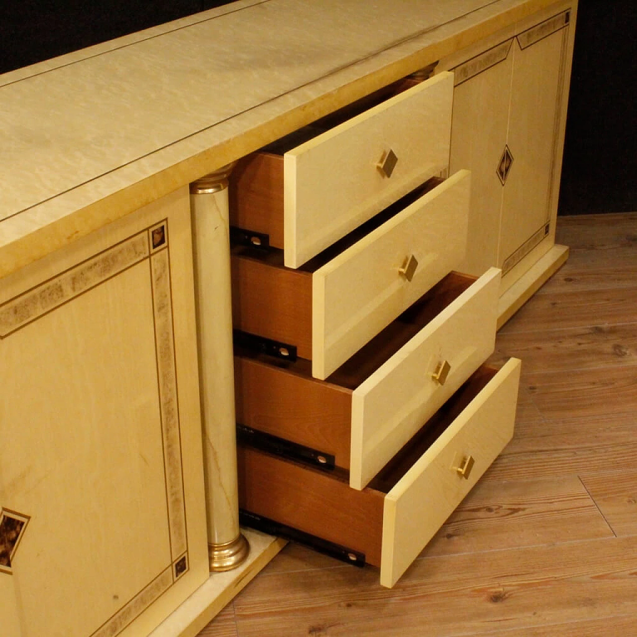 Exotic wood sideboard with brass decorations, 1960s 9