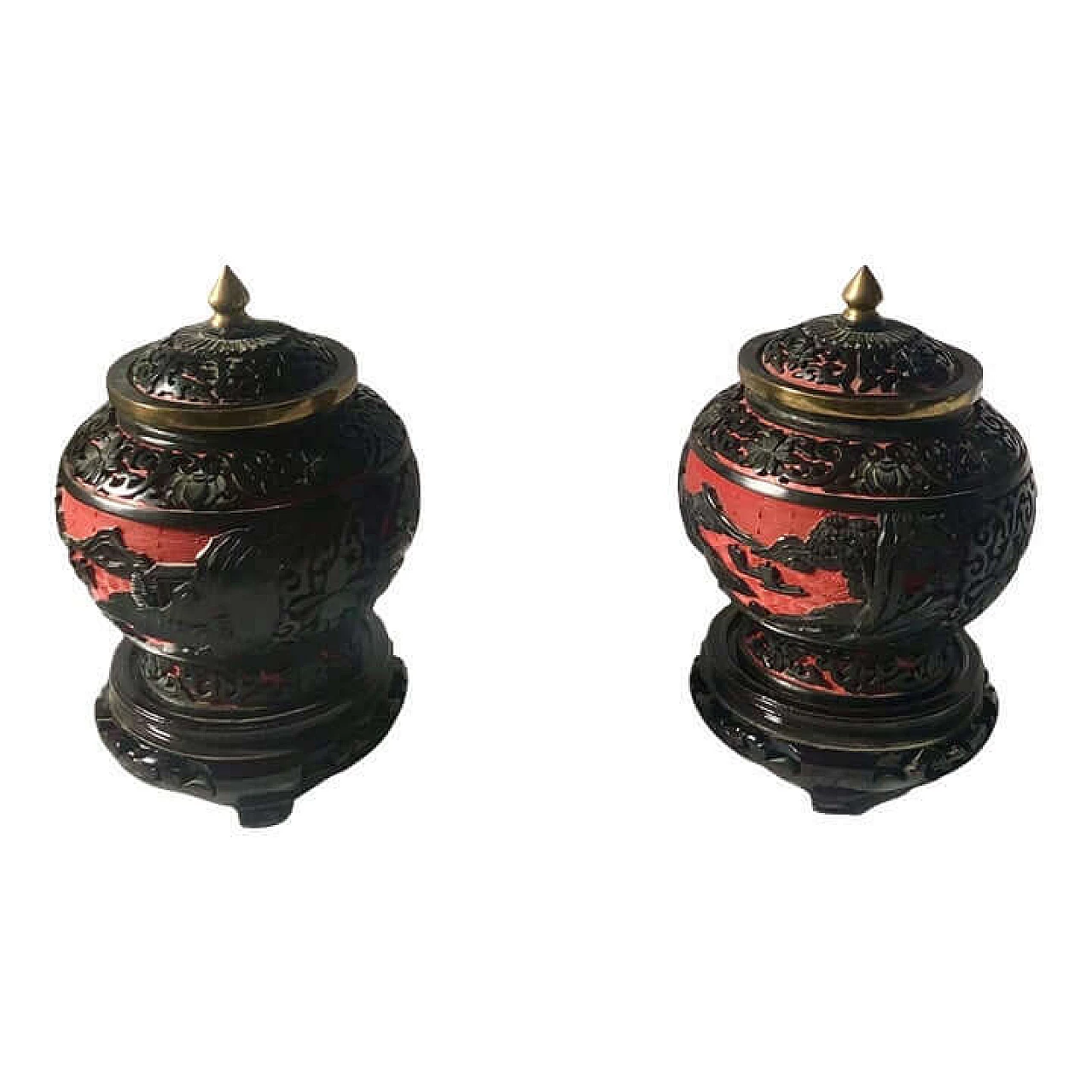 Coppia di vasi da zenzero cinesi cloisonné neri e rossi, anni '20 6