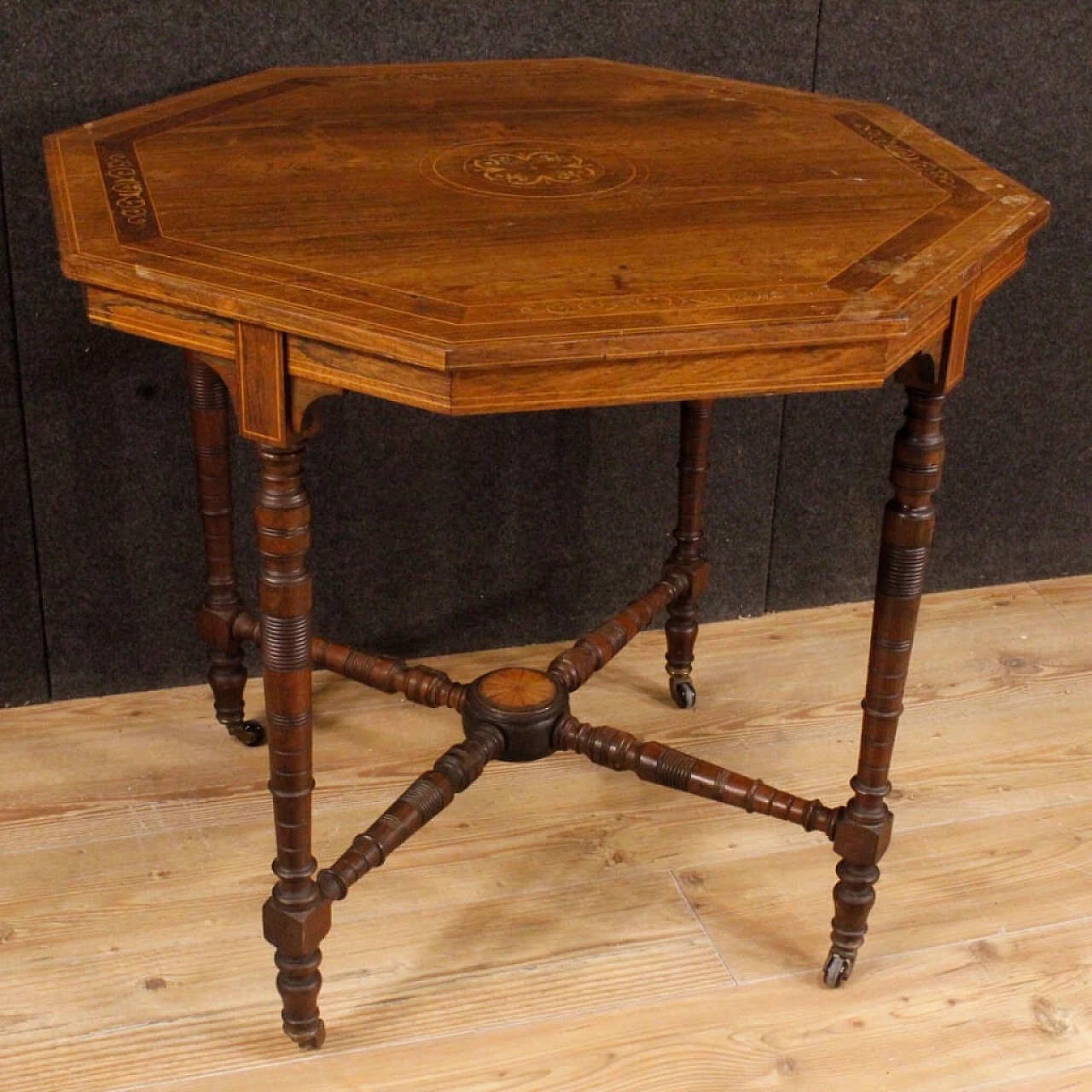 Octagonal inlaid wooden coffee table with castors, 1930s 4
