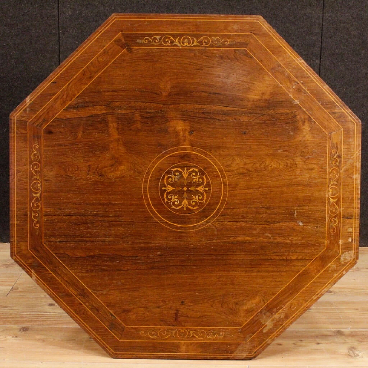 Octagonal inlaid wooden coffee table with castors, 1930s 6