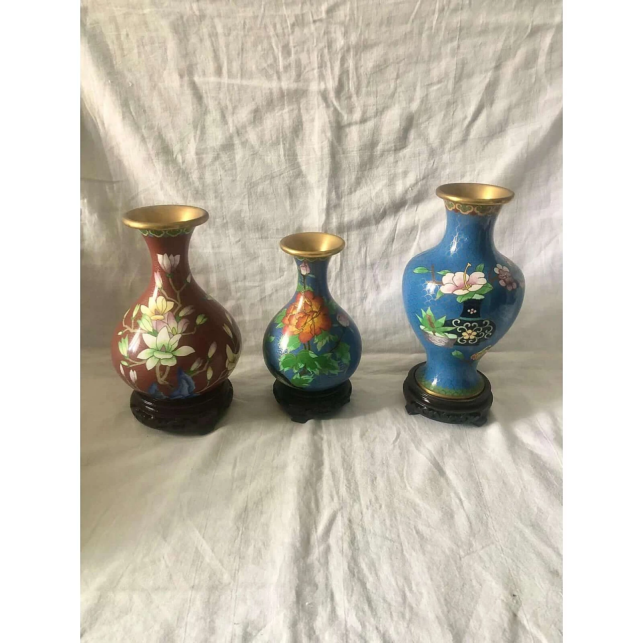 3 Vasi cinesi cloisonné con fiori, anni '40 2