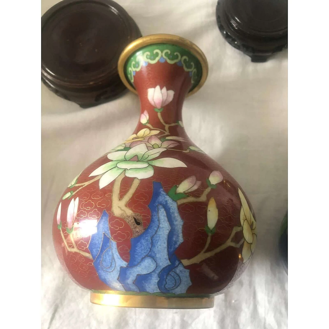 3 Vasi cinesi cloisonné con fiori, anni '40 3