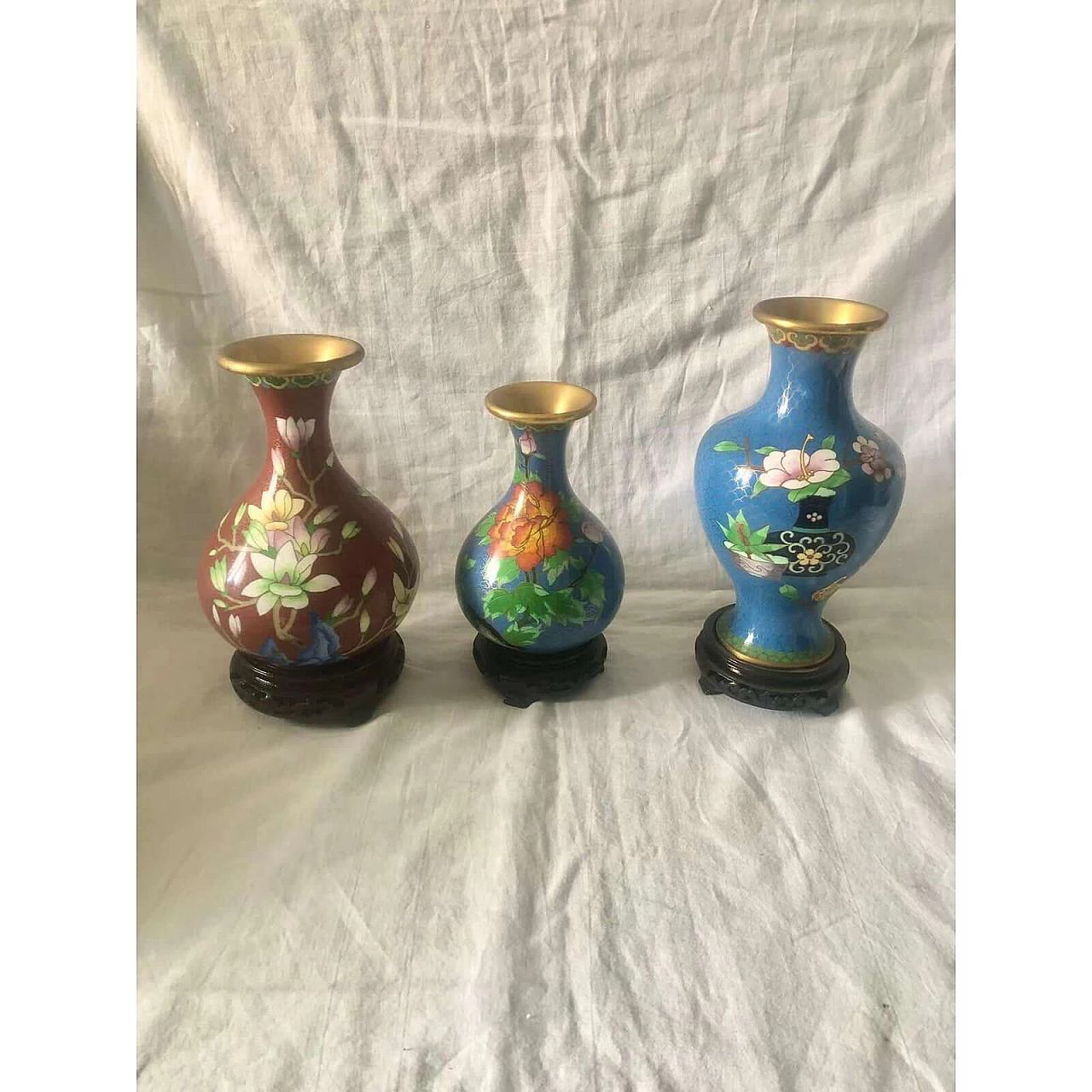 3 Vasi cinesi cloisonné con fiori, anni '40 7