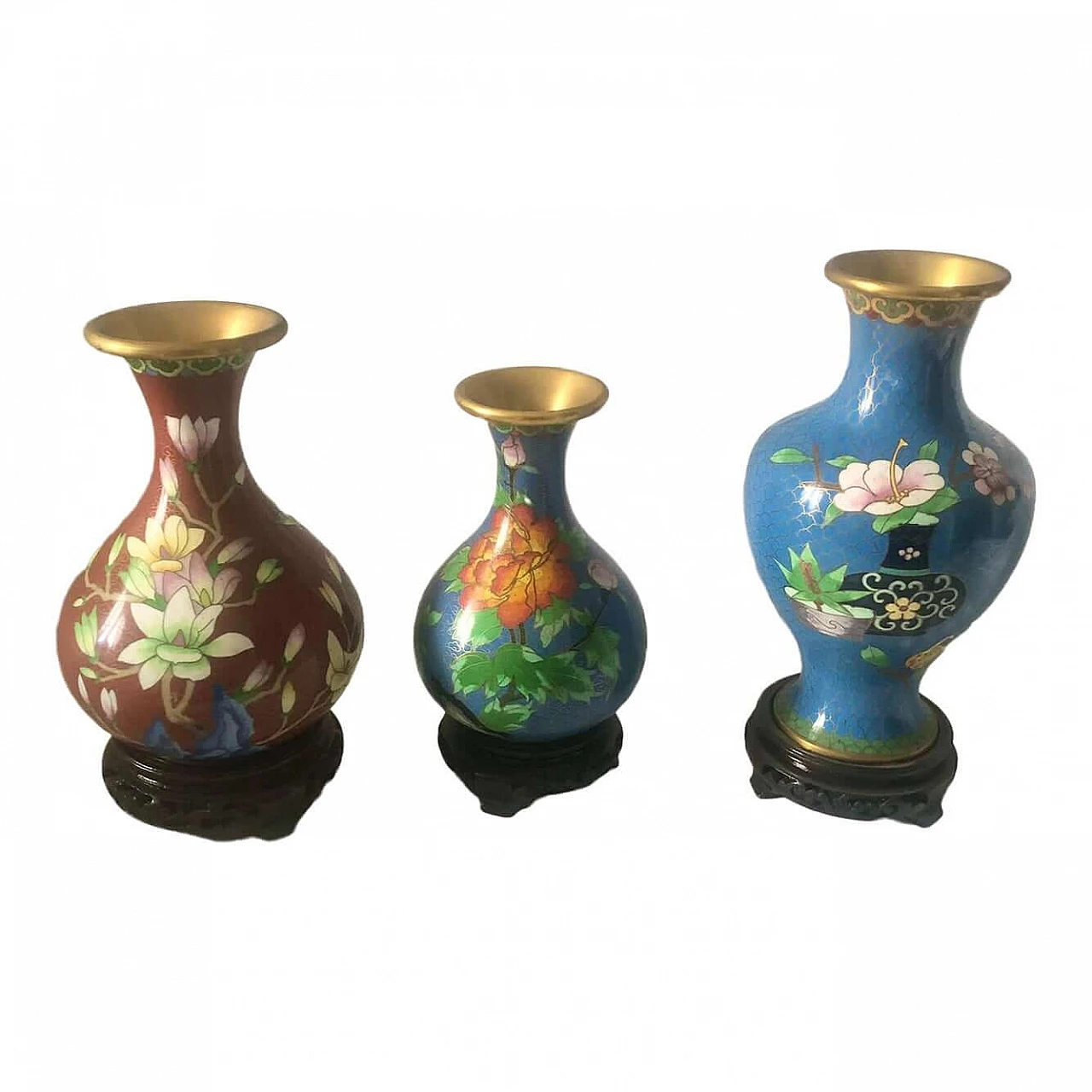 3 Chinese cloisonné vases with flowers, 1940s 8