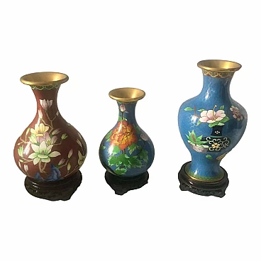 3 Chinese cloisonné vases with flowers, 1940s