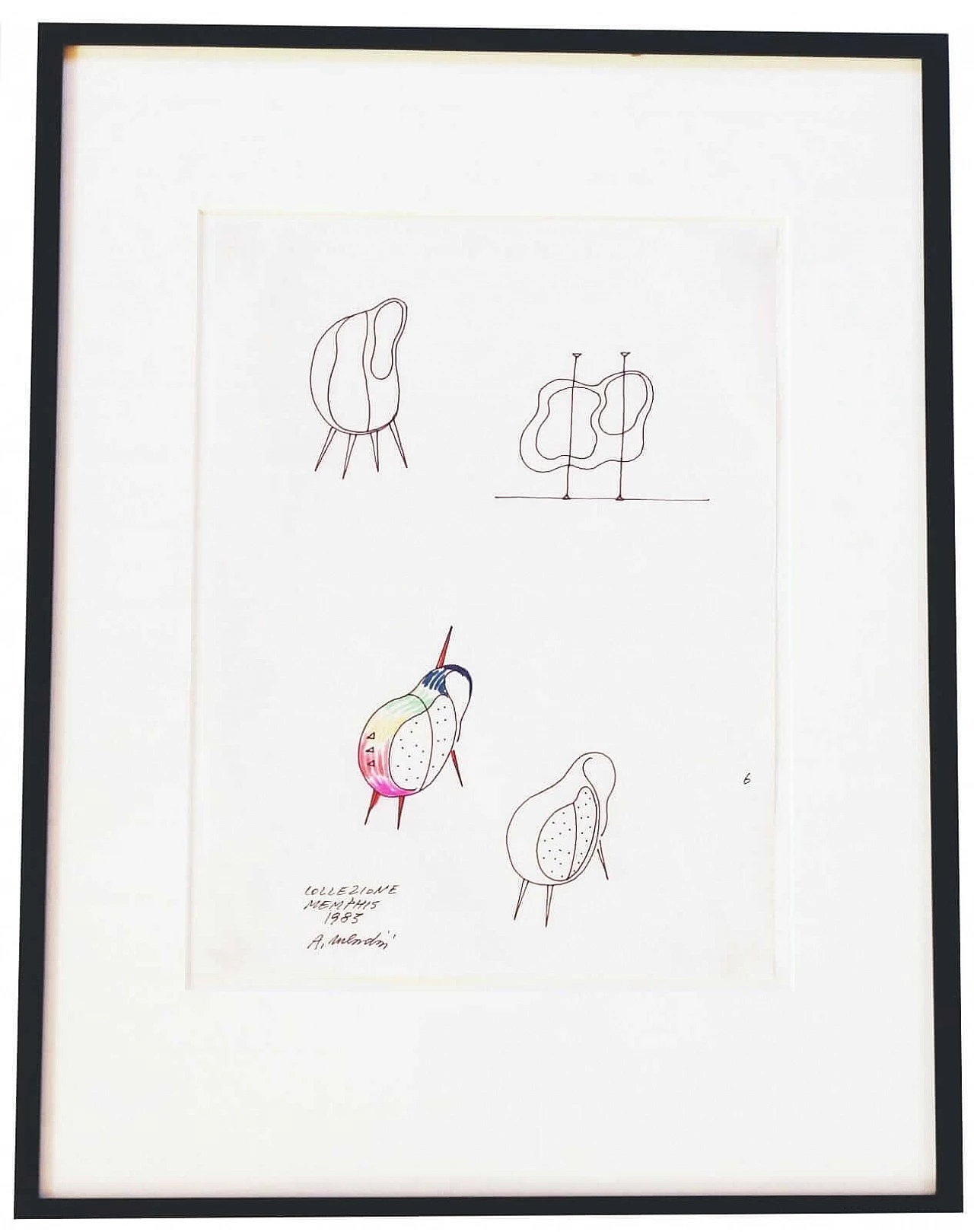 Alessandro Mendini, Furniture for Memphis, colored pencil and marker sketch on paper, 1983 4
