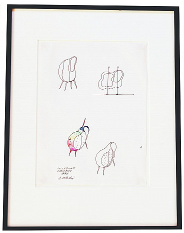Alessandro Mendini, Furniture for Memphis, colored pencil and marker sketch on paper, 1983