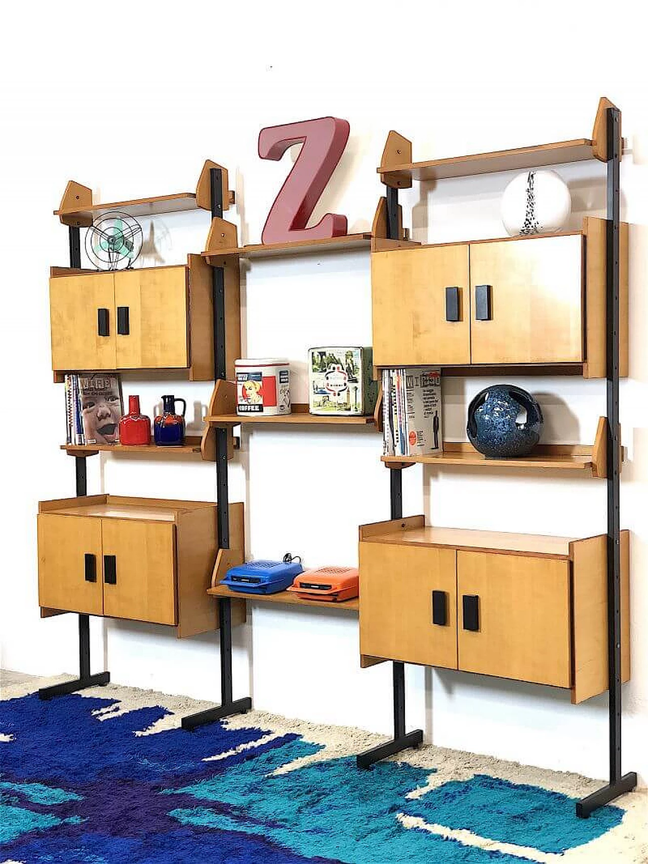 Modular three-bay metal and wood bookcase, 1960s 2