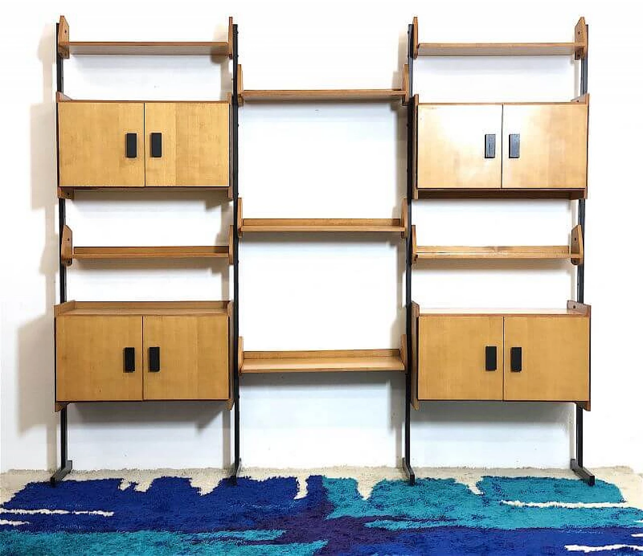 Modular three-bay metal and wood bookcase, 1960s 3