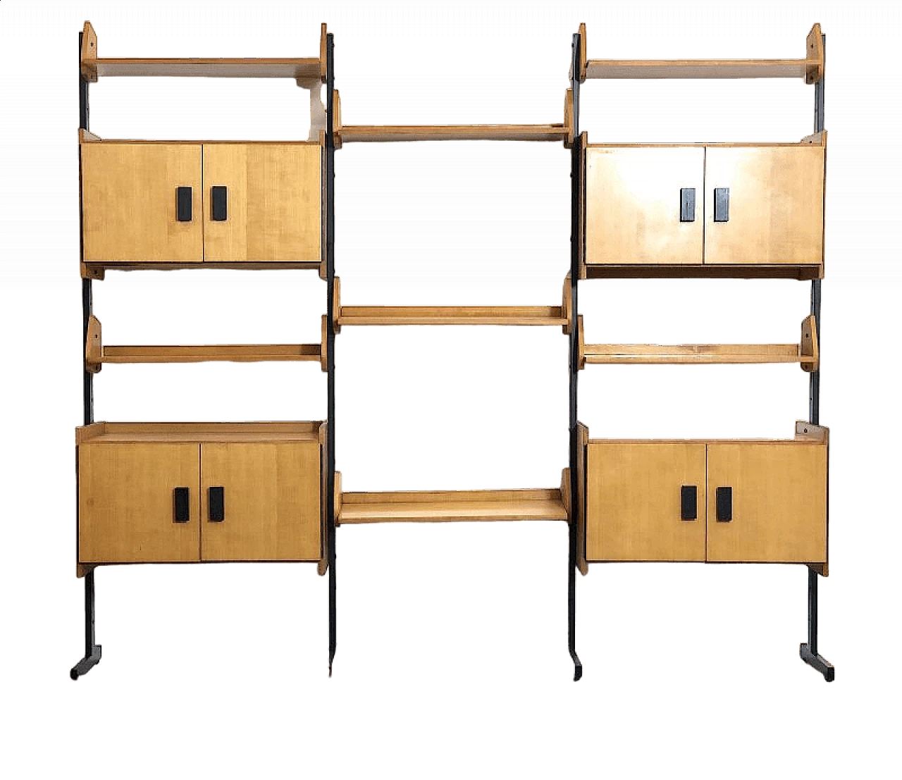 Modular three-bay metal and wood bookcase, 1960s 17