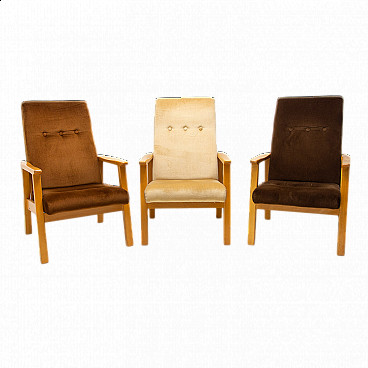 3 Armchairs in beech and brown fabric, 1980s