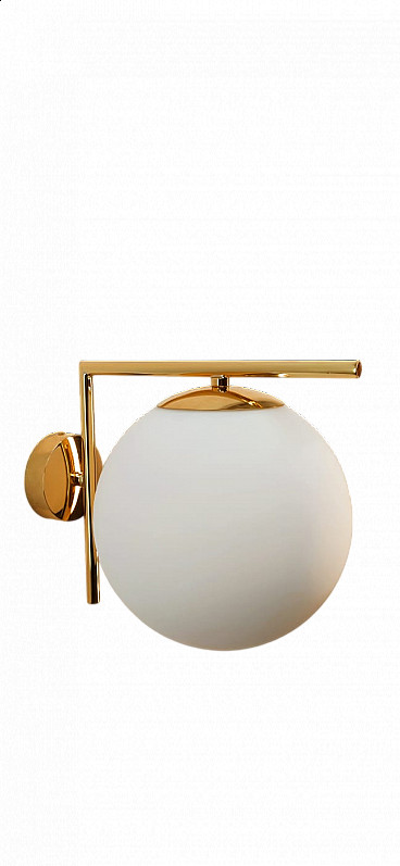 Brass wall light with spherical frosted glass lampshade, 1980s