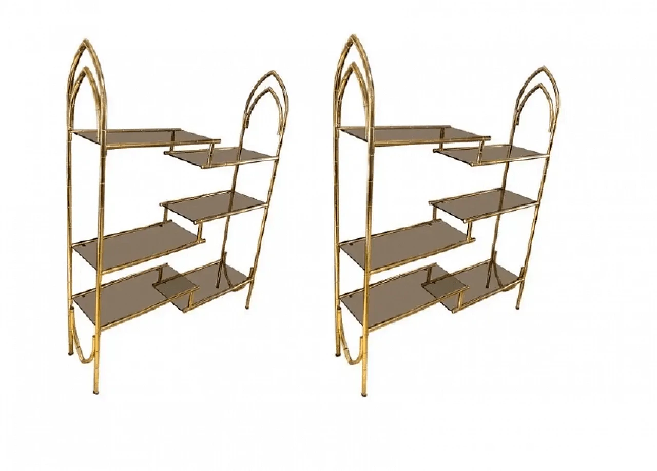 Pair of bookcases in brass and smoked glass, 1970s 1