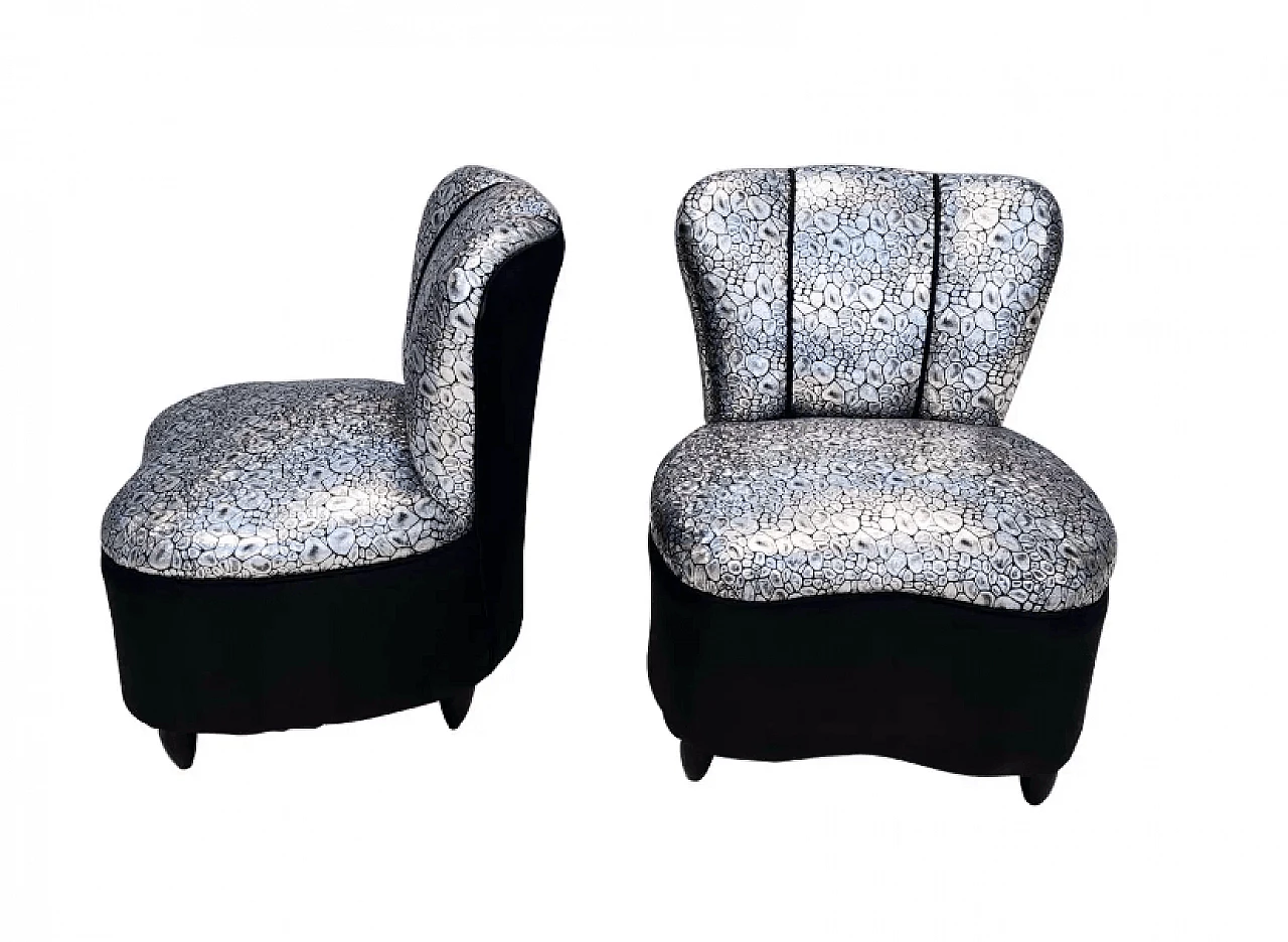 Pair of lounge armchairs with holographic fabric upholstery, 1950s 1