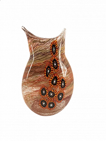 Murano glass vase with yellow, red and black striped murrine
