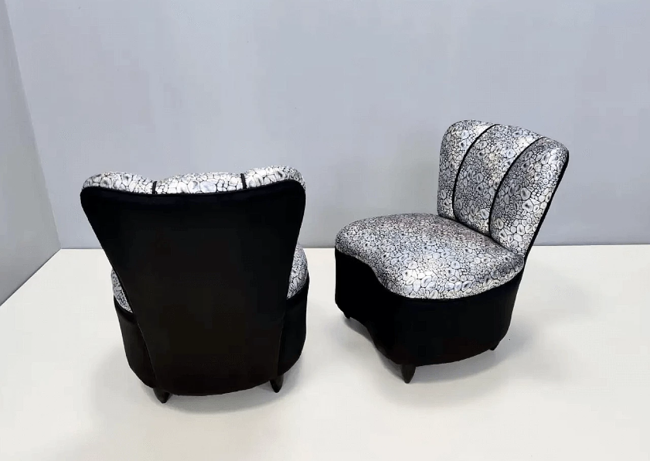 Pair of lounge armchairs with holographic fabric upholstery, 1950s 5