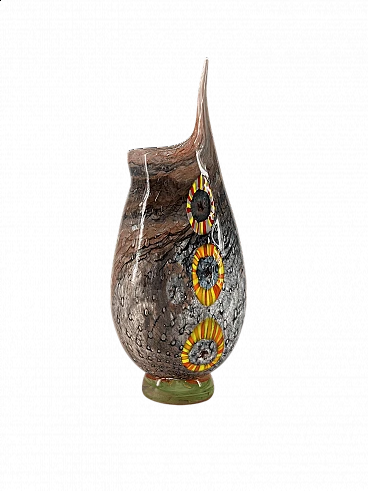Vaso in vetro di Murano con murrine a righe gialle e rosse