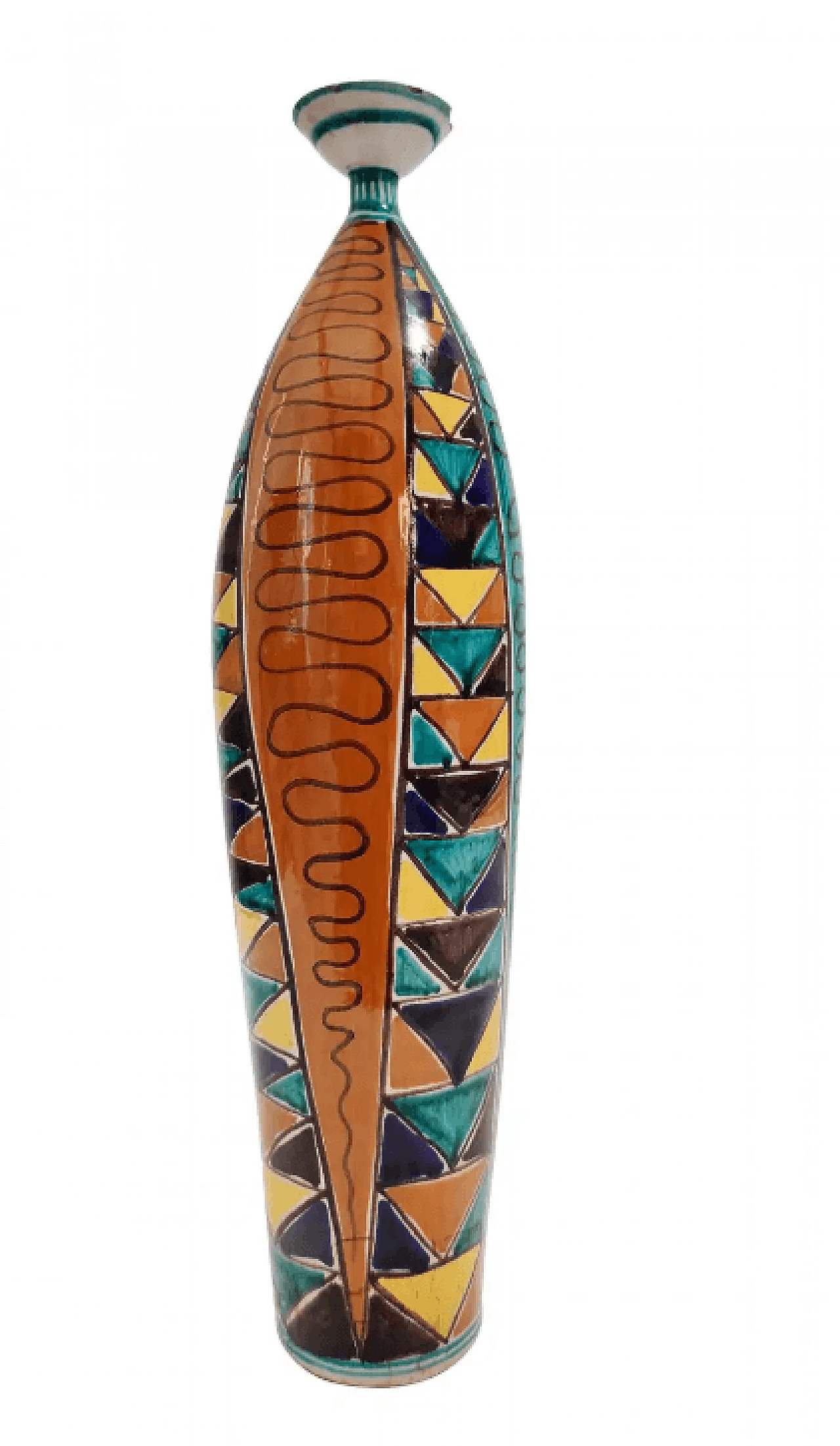 Vaso in ceramica laccata multicolore con motivi geometrici, anni '50 1
