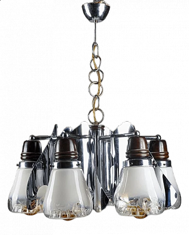 Blown glass, steel and wood chandelier by Mazzega, 1970s