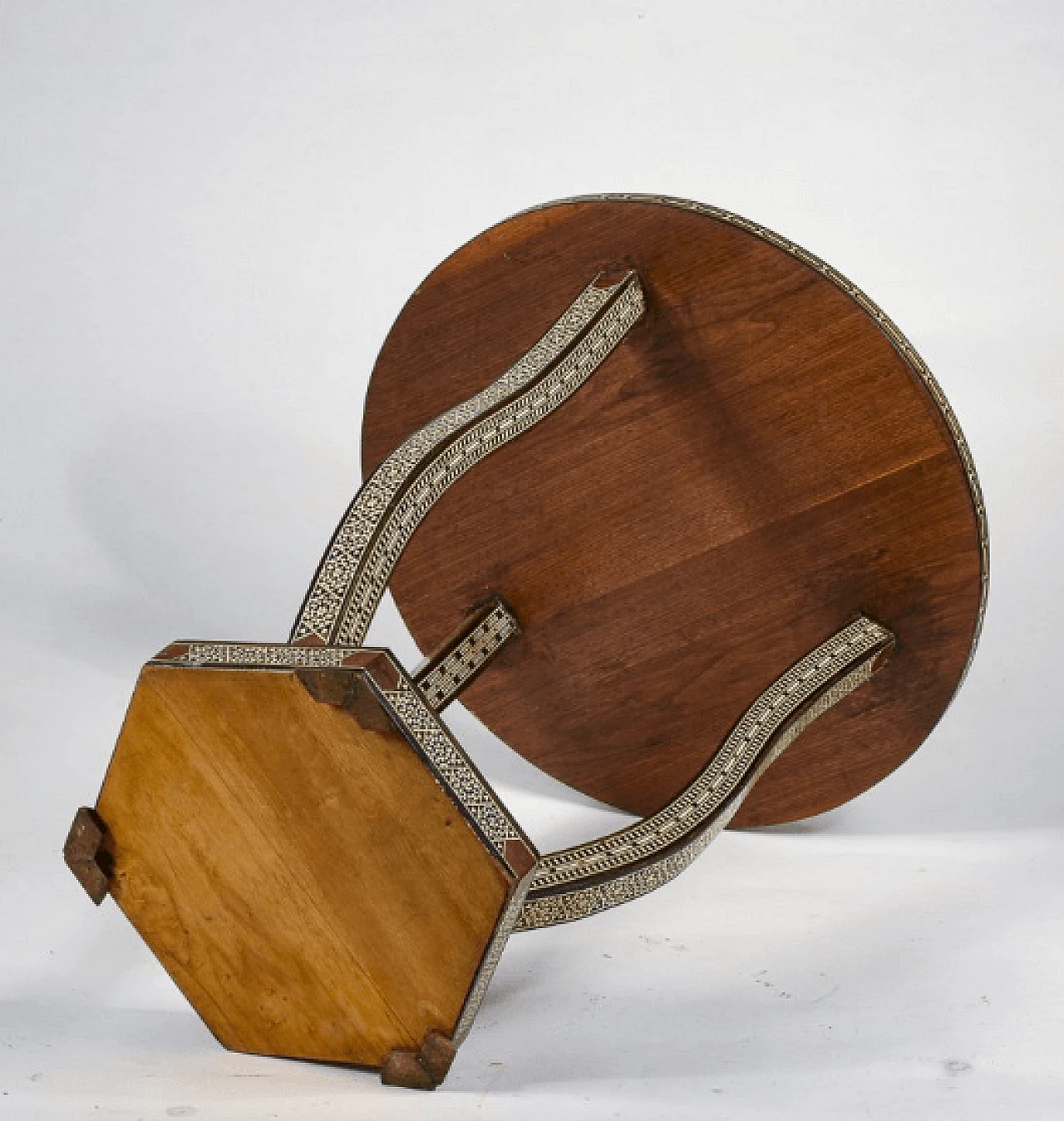 Small wooden table inlaid with mother-of-pearl in Bugattian style, mid-20th century 6