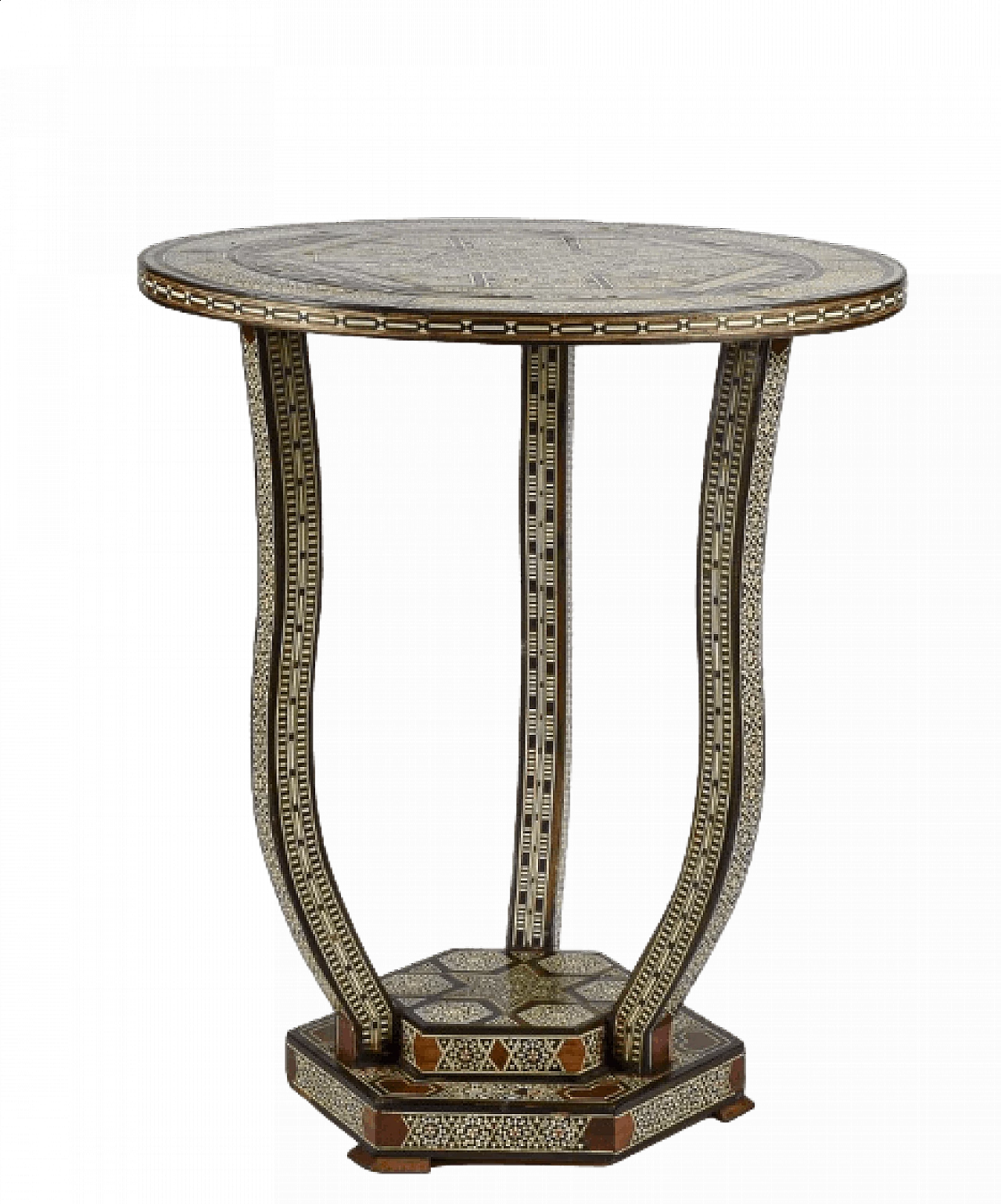 Tavolino in legno intarsiato con madreperla in stile bugattiano, metà '900 7