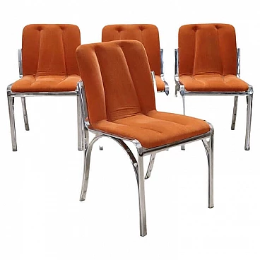 4 Chromed metal and orange velvet dining chairs, 1970s