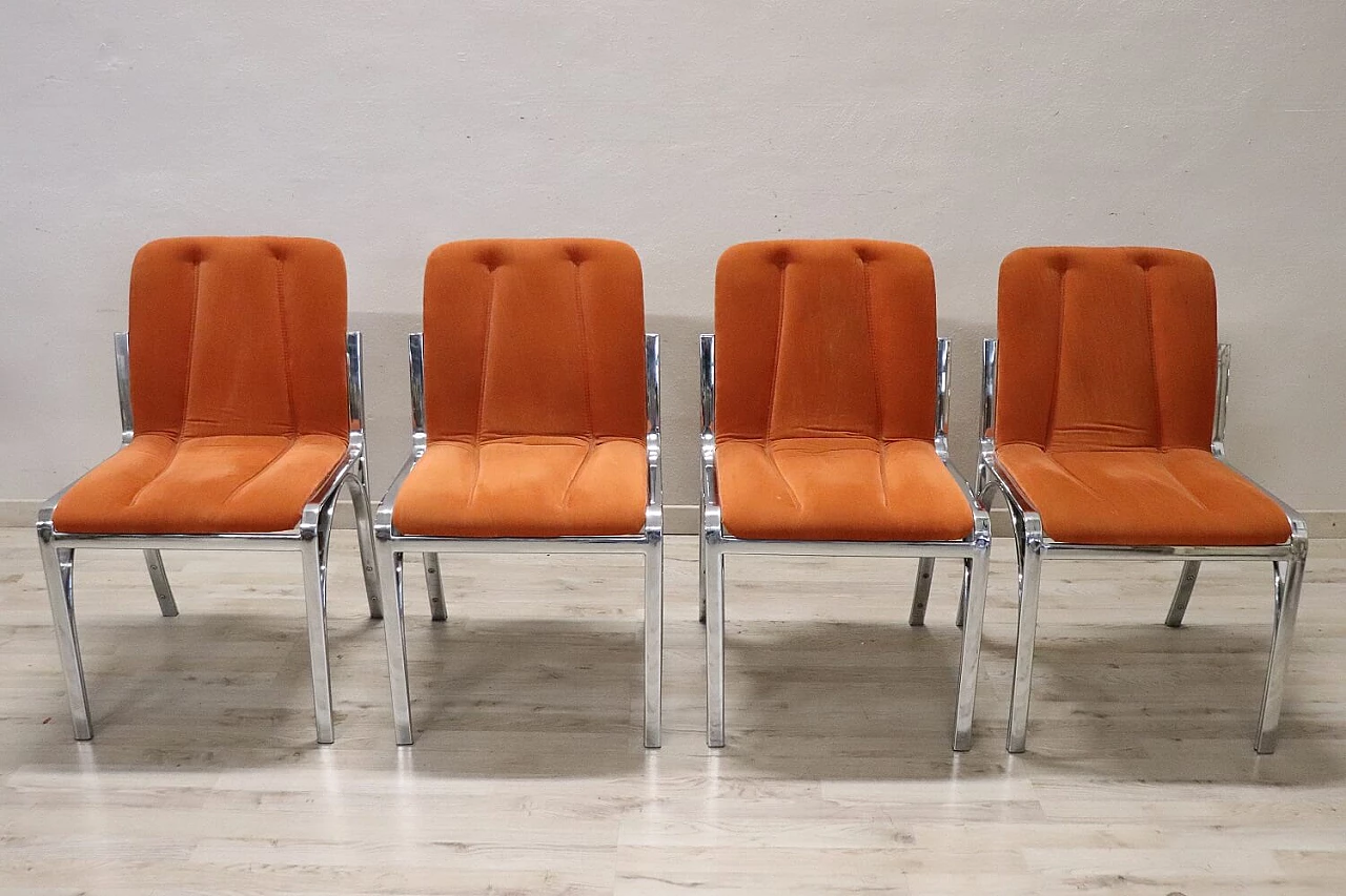 4 Chromed metal and orange velvet dining chairs, 1970s 2
