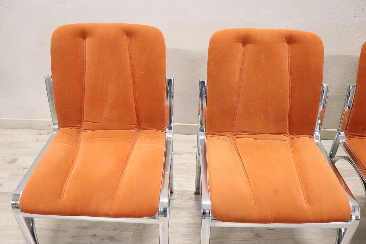4 Chromed metal and orange velvet dining chairs, 1970s 3