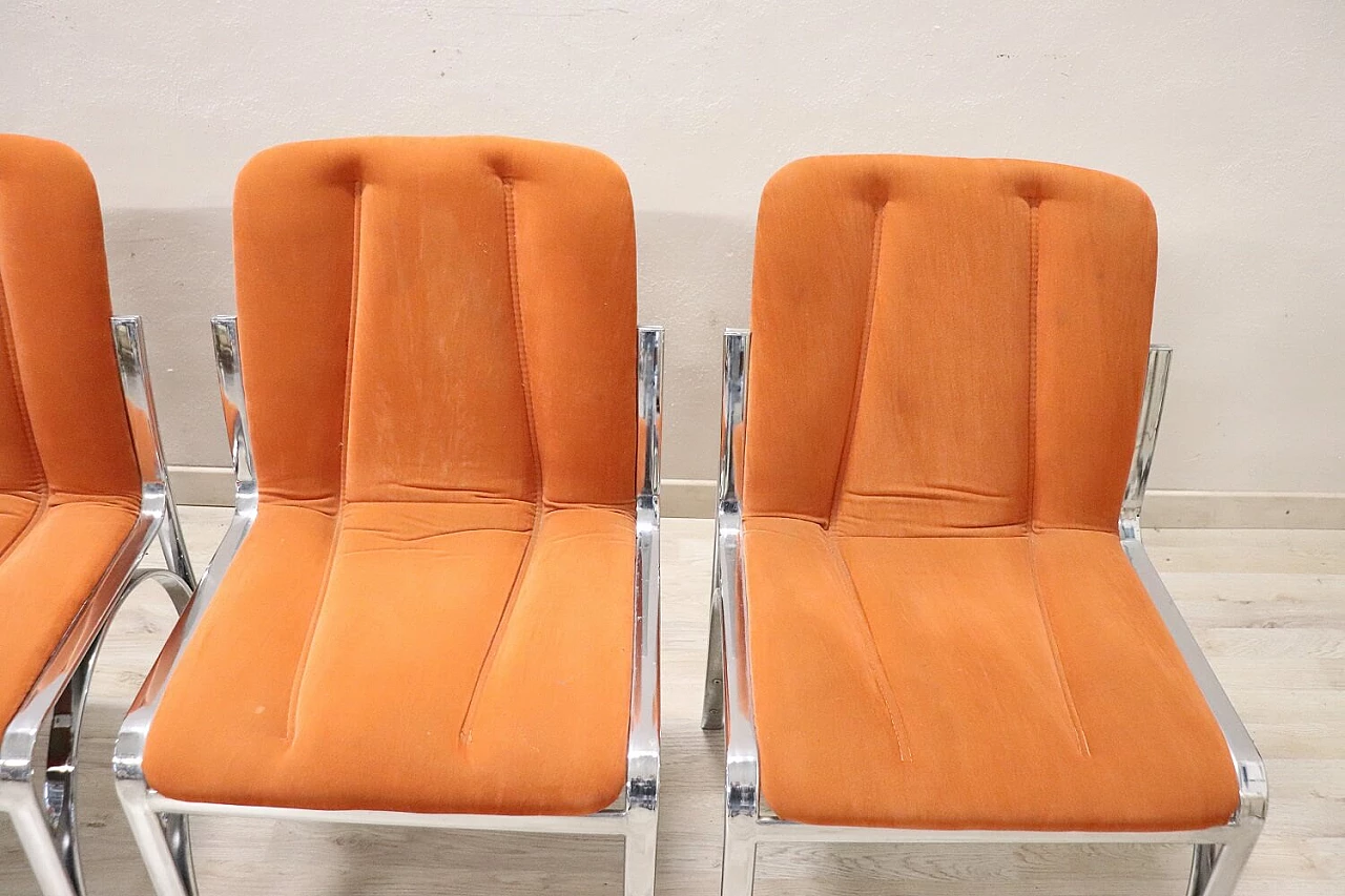 4 Chromed metal and orange velvet dining chairs, 1970s 4