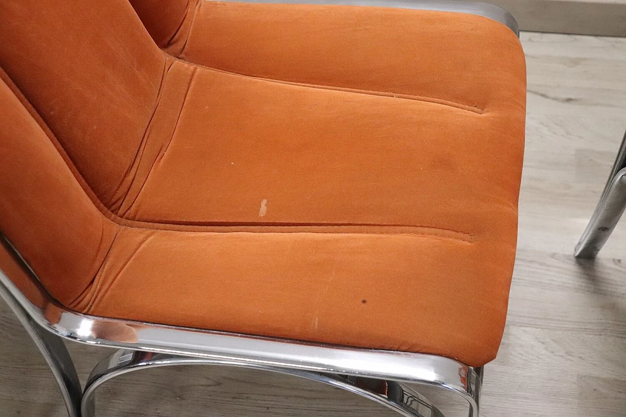 4 Chromed metal and orange velvet dining chairs, 1970s 5