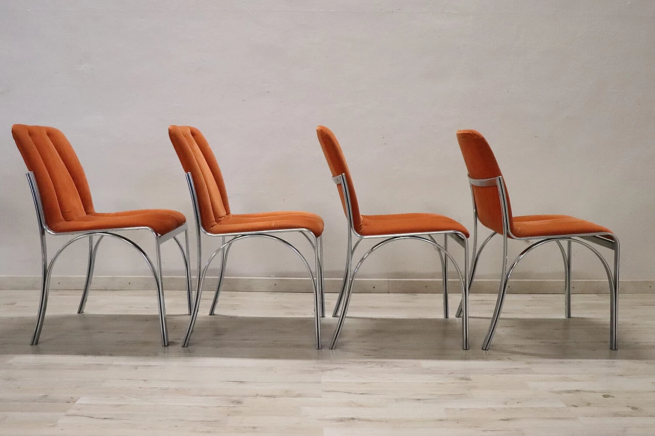 4 Chromed metal and orange velvet dining chairs, 1970s 6