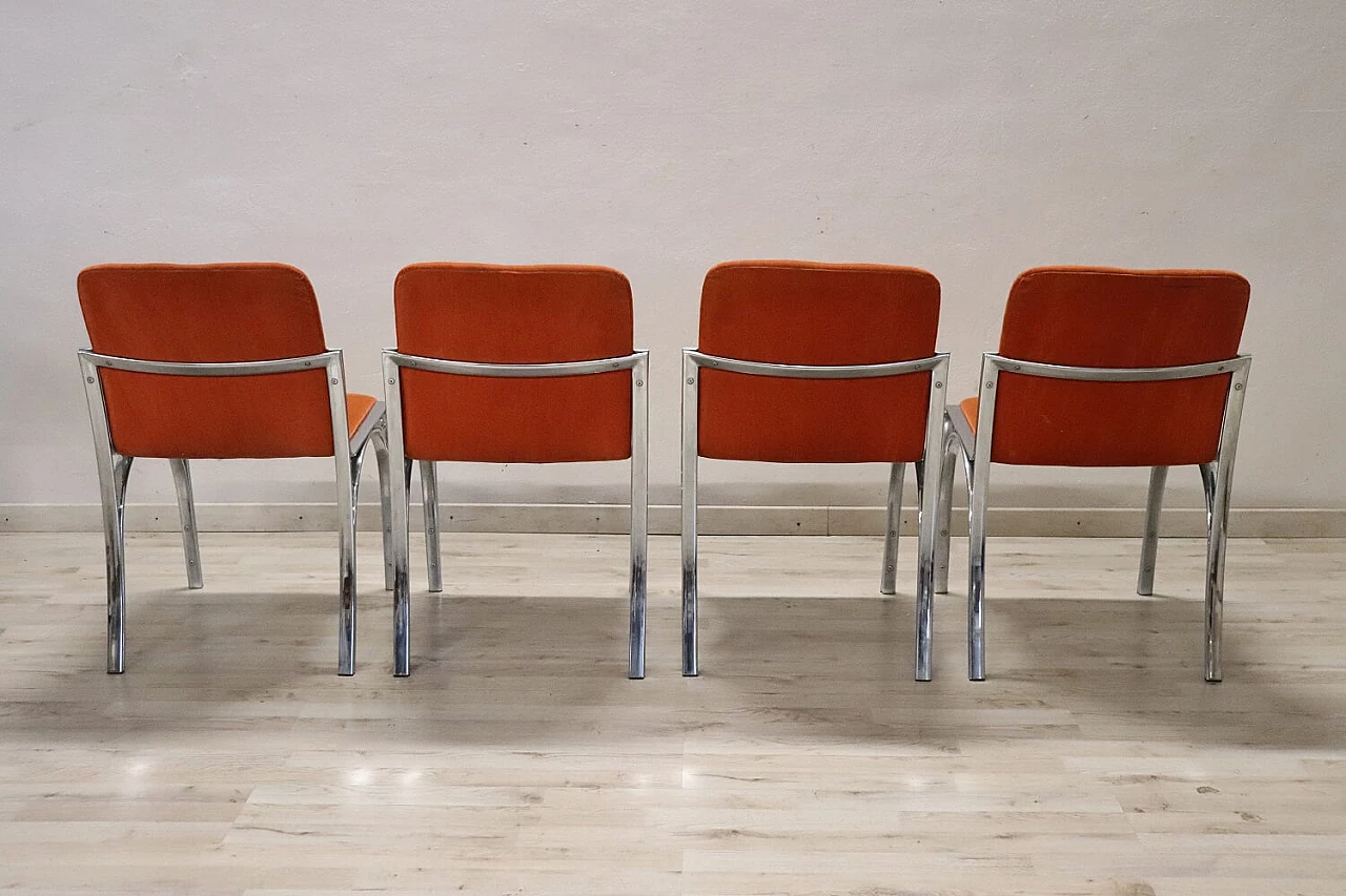 4 Chromed metal and orange velvet dining chairs, 1970s 7