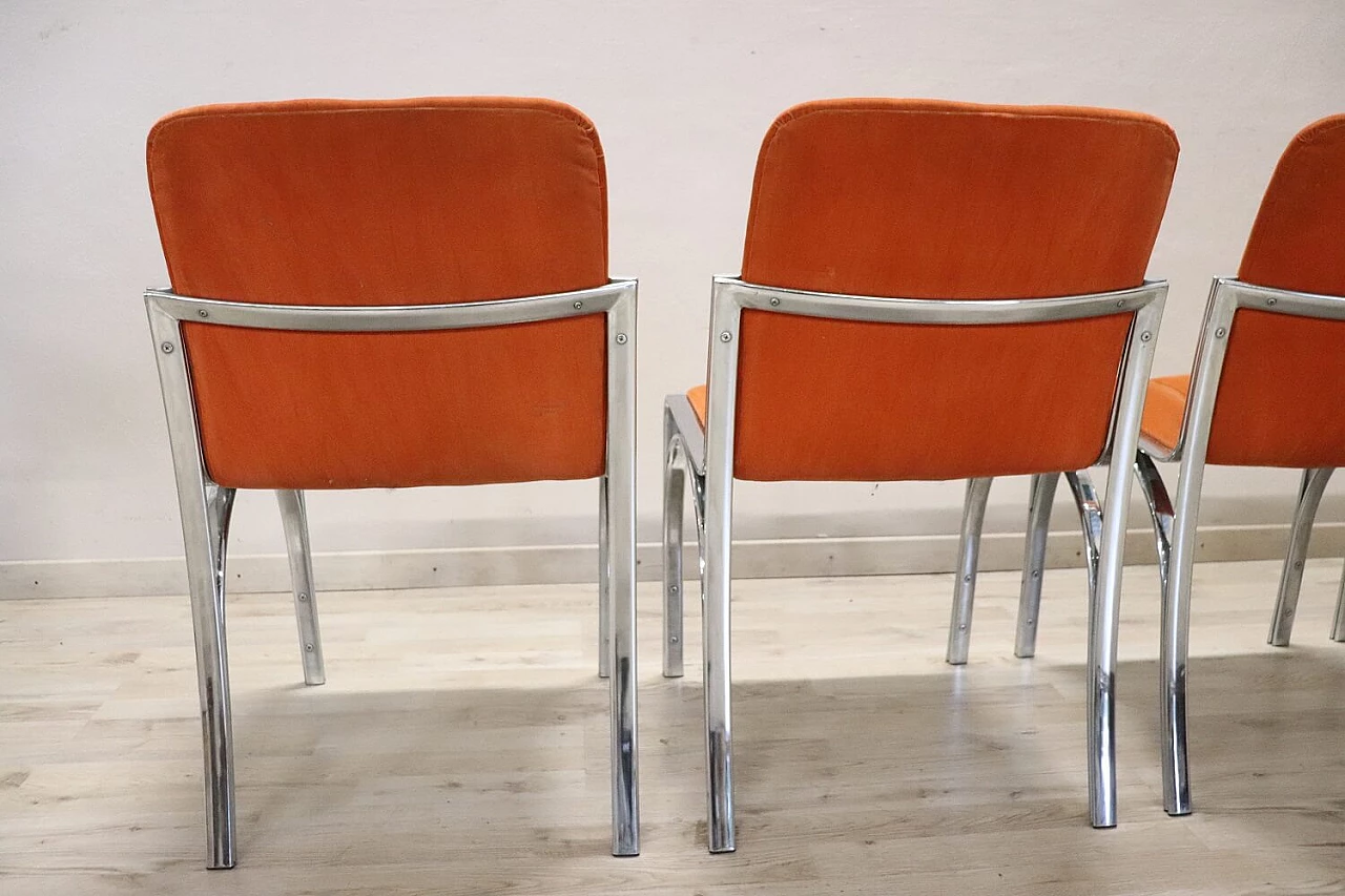 4 Chromed metal and orange velvet dining chairs, 1970s 8
