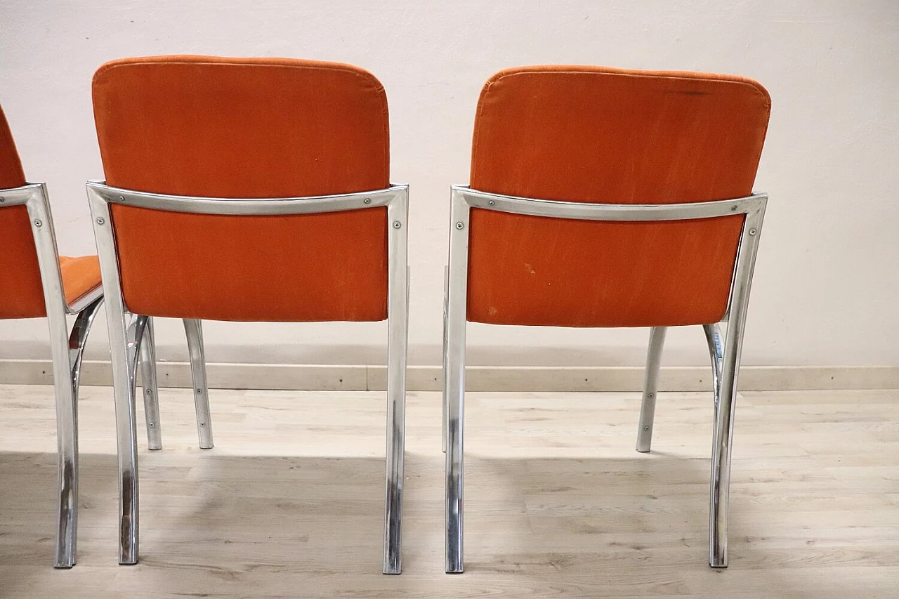 4 Chromed metal and orange velvet dining chairs, 1970s 9